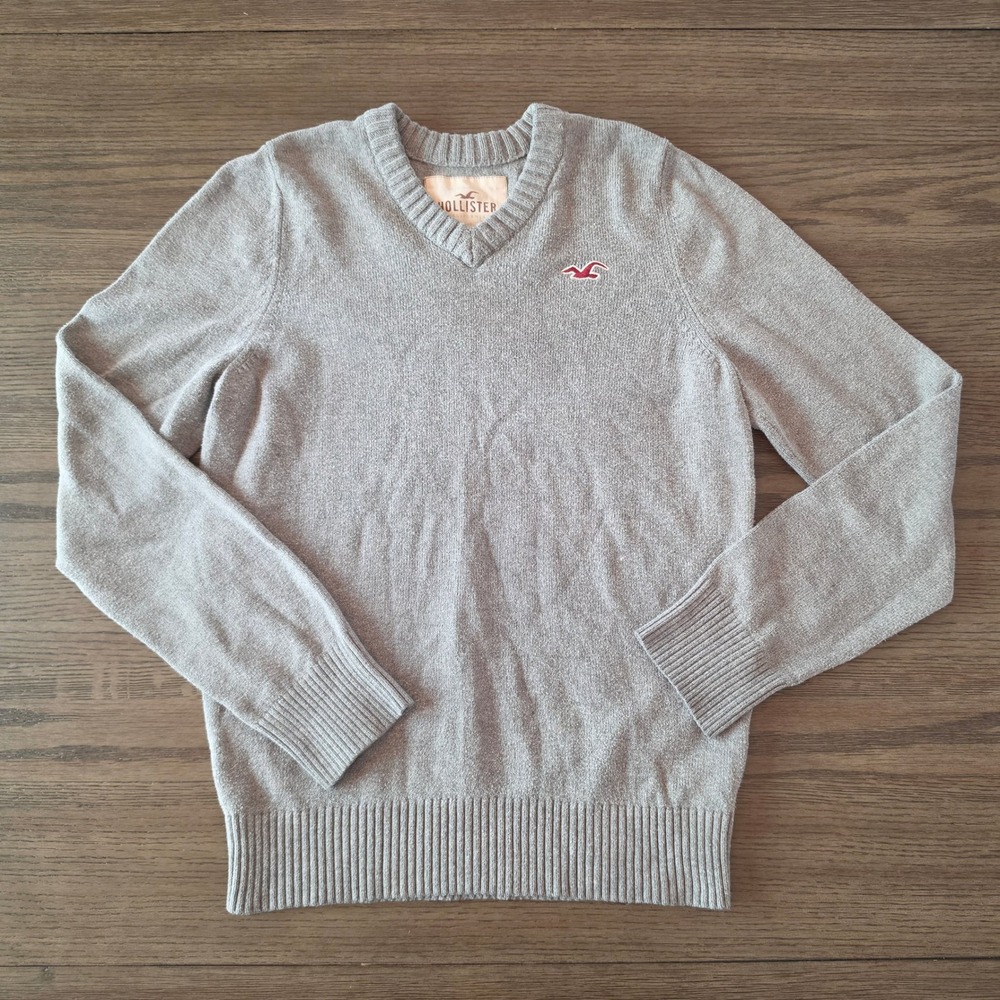 Hollister Mens Gray V-Neck Sweater Long Sleeve Seagull Logo Size L